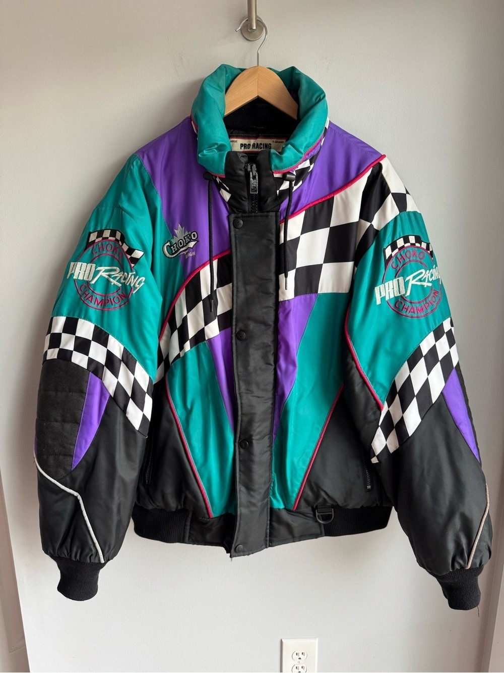 Retro Choko Racing Ski Snowmobile Jacket Mens XL Check Fleece Lined Winter Coat - Picture 2 of 14